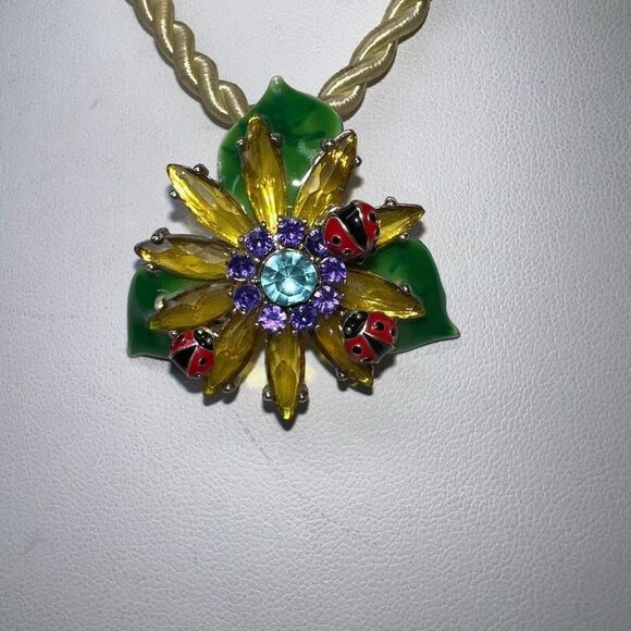 Enameled Flower and Ladybug Pendant on Silk Cord Necklace - Picture 2 of 8